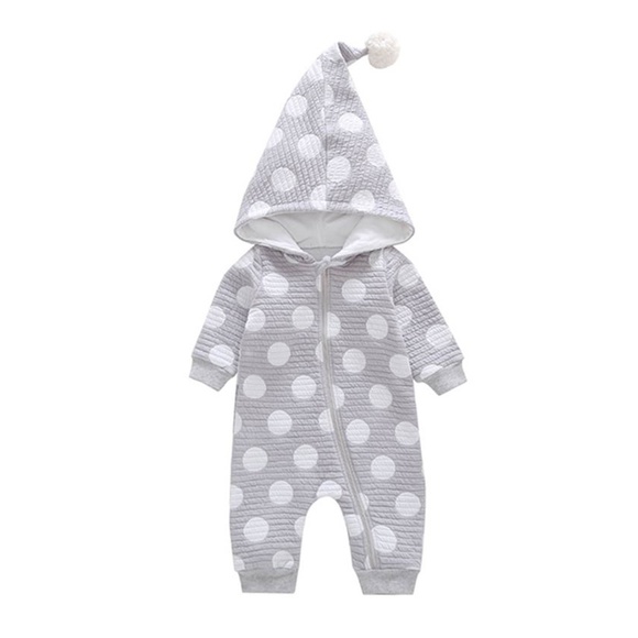 One Rainbow Other - Grey White Polka Dot Hoodie Jumpsuit Romper Baby